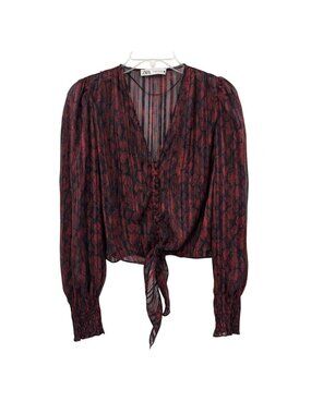 Sheer Tie Front Cropped Top Snake Print Puff Long Sleeve Grunge Festival X Small